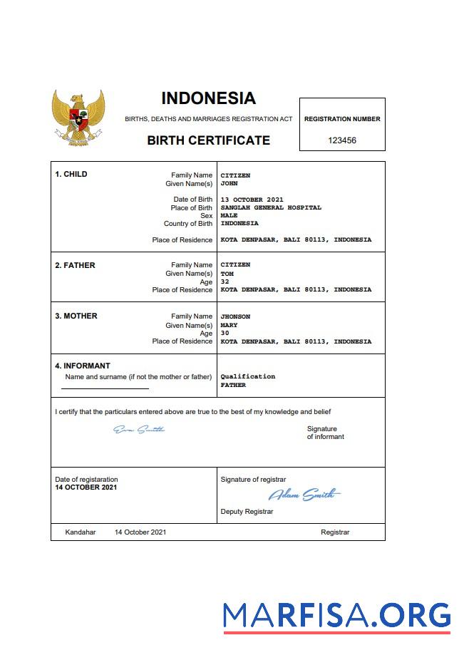 Printable Indonesia birth certificate Word and PDF template